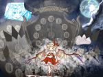  1girl ascot blonde_hair clock dress female flandre_scarlet frills grey_background hat mob_cap puffy_short_sleeves puffy_sleeves red_dress red_eyes roman_numerals short_hair short_sleeves socks solo touhou wings 