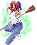  00s 1girl broom denim half_updo jeans kohaku pants redhead solo tsukihime yae_shiragi 