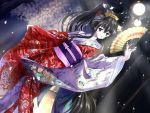  1girl artist_request black_eyes black_hair cherry_blossoms dancing dutch_angle embellished_costume fan folding_fan game_cg japanese_clothes kimono long_hair obi petals ponytail saishuu_shiken_kujira sash solo stage_lights 