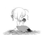  1girl apple blouse chibi fate/stay_night fate_(series) food fruit holding holding_fruit monochrome pantyhose ringo saber solo 