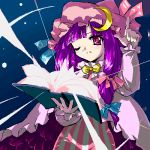  1girl book bow bowtie crescent female hair_ribbon hat long_hair lowres magic one_eye_closed open_book patchouli_knowledge pointing purple_hair red_eyes ribbon solo touhou tress_ribbon 