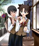  2girls black_eyes black_hair blue_eyes brown_hair fate/stay_night fate_(series) food hand_on_shoulder makidera_kaede multiple_girls open_mouth road school_uniform serafuku shirotsumekusa sign smile street suitcase taiyaki tohsaka_rin toosaka_rin vanishing_point wagashi 