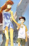  1boy 1girl bad_anatomy bandage brown_hair dress ikari_shinji jewelry jpeg_artifacts necklace neon_genesis_evangelion okazaki_takeshi orange_hair redhead souryuu_asuka_langley 