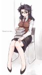  00s 1girl black_hair blue_eyes blush book book_stack chair copyright_name glasses looking_at_viewer messy_hair necktie read_or_die sitting skirt smile solo vest yomiko_readman 