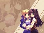  2girls ahoge arms_around_waist blonde_hair brown_hair corset expressionless fate/stay_night fate_(series) hair_ribbon hand_on_another&#039;s_hip hand_on_hip hug long_hair looking_at_viewer multiple_girls puffy_sleeves ribbon saber school_uniform serafuku shirt smile tohsaka_rin twintails vest zoom_layer 