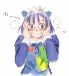  1girl 2k-tan blue_eyes blue_hair blush bow clenched_teeth glasses hands_on_own_cheeks hands_on_own_face os-tan ribbon short_hair solo surprised teeth white_background 
