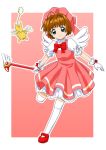  1girl 90s bonnet card_captor_sakura child dress fuuin_no_tsue gahiro gloves hat kero kinomoto_sakura magical_girl mary_janes petticoat pink pink_background pink_dress pink_hat red_shoes shoes solo sunviola thigh-highs wand white_gloves white_legwear zettai_ryouiki 