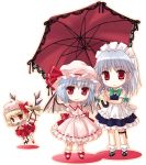  3girls bat_wings blonde_hair bonnet bow braid chibi female flandre_scarlet hat izayoi_sakuya lowres maid maid_headdress mob_cap multiple_girls parasol red_eyes remilia_scarlet ribbon siblings silver_hair sisters the_embodiment_of_scarlet_devil thigh_strap touhou twin_braids umbrella wings 