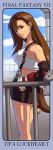  1girl brown_eyes brown_hair character_name copyright_name crop_top earrings elbow_pads final_fantasy final_fantasy_vii jewelry long_hair long_image low-tied_long_hair midriff pencil_skirt railing risachantag skirt solo square_enix suspender_skirt suspenders tall_image tank_top tied_hair tifa_lockhart very_long_hair 