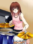  1girl brown_hair dozepara drum drum_set drumsticks instrument original solo tank_top 