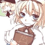  2girls alice_margatroid bangs blonde_hair blue_eyes book book_hug bow bowtie capelet female frown hair_ribbon hairband hat holding holding_book kirisame_marisa lowres multiple_girls ribbon simple_background touhou upper_body white_background witch_hat 