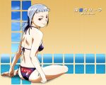  00s 1girl ass back bangs beige_background bikini blunt_bangs breasts character_name clenched_hands closed_mouth clothes_writing clouds day from_side full_body gradient gradient_background grid hisayuki_hirokazu light_smile looking_at_viewer looking_back miyu_greer my-hime ocean official_art purple_bikini red_eyes scan shadow shiny shiny_skin side-tie_bikini sideboob silver_hair sitting skindentation sky smile solo string_bikini swimsuit under_boob wallpaper water 
