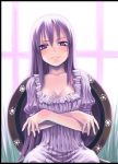  1girl breasts chair cleavage crossed_arms dress frilled_dress frills kamizakura long_hair original purple_hair sitting solo very_long_hair window 