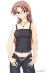  1girl black_panties blush bow bow_panties camisole cross denim glasses gothic hair_down hoshina_tomoko inverted_cross jeans minakami_yuuma open_fly panties pants solo to_heart underwear unzipped 