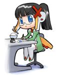  1girl black_hair blue_eyes chair chibi chopsticks eating eraser glasses hirai_yukio homeko office_chair os-tan pen ponytail rice rice_bowl serious sitting solo table thigh-highs writing xp_home-tan xphome 