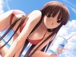  1girl bangs beach bikini blush breasts brown_eyes brown_hair cleavage clouds cup duplicate game_cg hashimoto_takashi hiiragi_ayumi kneeling long_hair paper_cup sexually_suggestive solo string_bikini swimsuit white_breath 