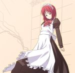  00s 1girl apron arms_behind_back black_eyes bow bowtie from_below hisui leaning_back maid maid_apron maid_headdress redhead senji_(tegone_spike) short_hair solo tsukihime 