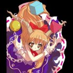  1girl alphes bad_anatomy black_background chains cube female horns ibuki_suika jpeg_artifacts long_hair official_art oni orange_hair pillarboxed pyramid ribbon scarlet_weather_rhapsody simple_background smile solo sphere tetrahedron touhou yellow_eyes 