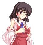  1girl black_hair blush bow detached_sleeves female hakurei_reimu japanese_clothes lowres miko phantasmagoria_of_flower_view pink_eyes sarashi solo takaku_toshihiko tears touhou wince 