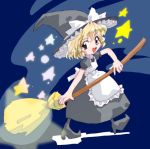  1girl apron blonde_hair bow broom brown_eyes dress female hat hat_bow holding_broom kirisame_marisa lowres open_mouth puffy_short_sleeves puffy_sleeves short_sleeves smile solo star starry_background the_embodiment_of_scarlet_devil touhou witch witch_hat 