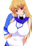  1girl blonde_hair breasts brown_eyes elbow_gloves erect_nipples fingerless_gloves gloves head_tilt huge_breasts kusaka_souji large_breasts long_hair looking_at_viewer obelisk_blue_uniform parted_lips solo tenjouin_asuka upper_body yu-gi-oh! yuu-gi-ou_gx 