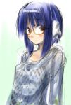  1girl android bangs bespectacled blue_hair blush bob_cut breasts brown_eyes casual crimsongarden from_side glasses gradient gradient_background green_background ilfa long_sleeves looking_at_viewer looking_back perky_breasts plaid robot_ears short_hair sidelocks sketch small_breasts solo sweater to_heart_2 upper_body 