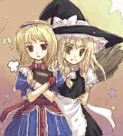  2girls alice_margatroid apron blonde_hair book breath broom capelet dress female grin hair_ribbon hairband hat kirisame_marisa multiple_girls red_eyes ribbon sash smile star tokiame touhou waist_apron witch witch_hat yellow_eyes 