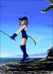  00s 1girl baseball_cap beach blue_legwear boots can ciel fishing fishing_rod gloves green_hair hair_over_eyes hat holding holding_fishing_rod incoming_attack mouth_hold nanako nanako_(melty_blood) ocean one-piece_swimsuit outdoors pointy_ears puyo school_swimsuit short_hair solo swimsuit tail thigh-highs thigh_boots tsukihime water 