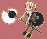  1girl archer_(disgaea) axe bare_shoulders blonde_hair blue_eyes demon_girl disgaea drill_hair looking_at_viewer mota nippon_ichi pink_background pointy_ears solo twin_drills weapon 