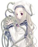  1girl alien beret blonde_hair eyeball hat keg long_hair monster original sailor school_uniform serafuku slime solo tentacle wavy_hair 