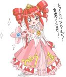  1girl crown dress drill_hair fine fushigiboshi_no_futago_hime minami_saburou open_mouth outstretched_hand pink_dress red_eyes redhead solo tiara 