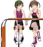  2girls brown_eyes brown_hair hand_holding legs_crossed multiple_girls original short_twintails sitting twintails yasuda_suzuhito yuri 