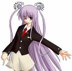  1girl animal_ears blazer female futaba_channel hairpods kirchhoff-tan kirchoff long_hair lowres necktie one_eye_closed purple_hair rabbit_ears reisen_udongein_inaba solo touhou twintails very_long_hair 