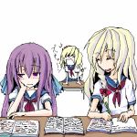  3girls alice_margatroid blonde_hair book braid casual female kirisame_marisa lowres multiple_girls patchouli_knowledge purple_hair school_uniform serafuku touhou 