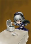  1girl chopsticks fine_art_parody food gothic hungry i_asked_for_scrambled parody rice rice_bowl rice_cooker rozen_maiden saba_(sio) silver_hair solo suigintou 