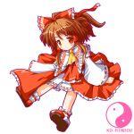  1girl ascot bangs bow capelet female full_body hair_tubes hakurei_reimu half_updo head_tilt light_brown_hair looking_at_viewer petite red_eyes shoes simple_background sitting solo touhou white_background wide_sleeves yin_yang younger 