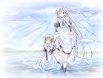  2girls bed_sheet blonde_hair bonnet long_hair maid multiple_girls otohiko_takano short_hair sleeve_cuffs takano_otohiko wallpaper white_hair wind 