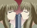  00s 2girls beretta_92 brown_hair closed_eyes futakoi gun handgun kiss multiple_girls pistol shirogane_sara shirogane_souju siblings sisters twins vector_trace weapon 