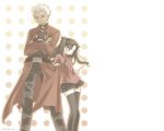  1boy 1girl archer black_hair bow crossed_arms dark_skin dark_skinned_male fate/stay_night fate_(series) hair_bow hand_on_hip height_difference narrowed_eyes riku_r rikux size_difference tall thigh-highs tohsaka_rin turtleneck two_side_up white_hair 