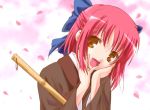  00s 1girl bamboo_broom bow broom cherry_blossoms hair_bow half_updo japanese_clothes kimono kohaku pink_hair ribbon short_hair smile solo tsukihime 