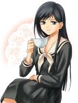  00s 1girl black_eyes black_hair cup hand_on_lap holding holding_cup long_hair looking_at_viewer maria-sama_ga_miteru ogasawara_sachiko pink_background pinky_out school_uniform sitting smile solo teacup 