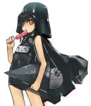  1girl black_hair cape cosplay darth_vader death_star flat_chest helmet ice kei_(keigarou) name_tag one-piece_swimsuit orange_eyes parody popsicle school_swimsuit simple_background solo star_destroyer star_wars sweatdrop swimsuit white_background yellow_eyes 