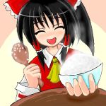  1girl ascot black_hair blush bow bowl closed_eyes female food hair_bow hair_tubes hakurei_reimu holding holding_spoon lowres outstretched_arm rice rice_bowl rice_spoon smile solo spoon touhou 