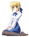  1girl blonde_hair blouse fate/stay_night fate_(series) full_body kneeling pantyhose ribbon saber simple_background solo tenmaso thigh-highs 