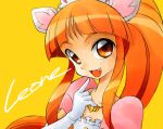  1girl animal_ears bangs blunt_bangs character_name elbow_gloves fangs finger_to_mouth flat_chest fushigiboshi_no_futago_hime gloves gofu jewelry leonne long_hair necklace orange_background orange_eyes orange_hair pointing pointing_at_self ponytail sidelocks simple_background solo tiara upper_body white_gloves 