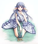  1girl blue_hair elf kneeling loincloth long_hair olha_(ys) pointy_ears rehda smile solo tabard tenmaso violet_eyes ys ys_vi ys_vi_ark_of_napishtim 