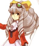  1girl blush bow cravat drill_hair goggles goggles_on_head green_eyes grey_hair long_hair long_sleeves looking_at_viewer maria_balthasar simple_background skirt smile solo upper_body white_background white_skirt xenogears yellow_bow yu_65026 