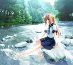  1girl barefoot brown_eyes feet feet_in_water minamino_kanata orange_hair original outdoors peaceful pleated_skirt river school_uniform serafuku sitting skirt soaking_feet solo water 