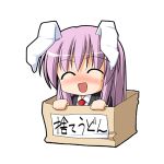 1girl animal_ears blush box cardboard_box chibi closed_eyes female for_adoption happy in_box in_container kurikara long_hair lowres necktie open_mouth purple_hair rabbit_ears red_eyes reisen_udongein_inaba solo touhou translated 