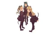  3girls :d animal_ears arms_behind_back bangs bell bell_collar black_legwear blonde_hair blue_eyes blue_hair blunt_bangs blush brown_eyes cat_ears cat_tail child collar dress ema_(clovers) ema_(shirotsume_souwa) episode_of_the_clovers everyone flat_chest grey_eyes grey_hair jingle_bell lace leaning_forward legs littlewitch lolita_fashion long_hair looking_at_viewer looking_back miniskirt multiple_girls ooyari_ashito open_mouth parted_bangs pleated_dress profile sasahara_yuuki sayu_(clovers) sayu_(shirotsume_souwa) shirotsume_souwa short_dress short_hair sidelocks simple_background skirt sleeves_past_wrists smile standing tail thigh-highs toka_(clovers) touka_(shirotsume_souwa) twintails wavy_hair white_background zettai_ryouiki 